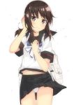 ass_visible_through_thighs backpack bag bangs beritabo black_sailor_collar black_skirt blue_ribbon blush brown_eyes brown_hair closed_mouth commentary_request crotch_seam eyebrows_visible_through_hair fubuki_(kantai_collection) hands_up head_tilt kantai_collection long_hair looking_at_viewer navel neck_ribbon panties partial_commentary petals pleated_skirt remodel_(kantai_collection) ribbon sailor_collar sailor_collar_lift school_uniform serafuku shirt simple_background skirt smile solo underwear white_background white_panties white_shirt wind wind_lift 