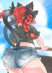  alternate_costume animal_ears behind_back cat_ears cat_tail cloud cloudy_sky commentary_request denim denim_shorts kaenbyou_rin midriff qralto red_hair short_shorts shorts sky tail touhou twintails wheelbarrow 