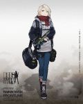  bag blue_eyes bullpup duffel_bag full_body girls_frontline gloves gun hand_in_pocket highres holding holding_gun holding_weapon jacket original p90 platinum_blonde_hair rainbow_six_siege scarf sola7764 solo submachine_gun walking weapon 