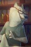  2018 anthro bar canine cheek_tuft claws clothed clothing cup disney english_text eyewear fan_character glasses holding_object inside male mammal monoflax solo text tuft wolf wolfgang_jaeger_(readerno31142) yellow_eyes zootopia 
