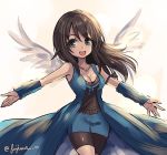  :d angel_wings arm_warmers bangs bare_shoulders bike_shorts black_hair blue_skirt breasts cleavage eyebrows_visible_through_hair final_fantasy final_fantasy_viii fujimaru_(green_sparrow) grey_eyes jewelry long_hair looking_at_viewer medium_breasts miniskirt necklace open_mouth outstretched_arms rinoa_heartilly shorts shorts_under_skirt skirt smile solo straight_hair teeth twitter_username white_wings wings 