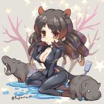  animal animal_ears between_legs black_bodysuit black_hair bodysuit breasts cleavage closed_mouth commentary_request extra_ears fujimaru_(green_sparrow) hand_between_legs hippopotamus hippopotamus_(kemono_friends) hippopotamus_ears kemono_friends large_breasts long_hair looking_at_viewer lowres multicolored_hair orange_eyes red_hair sitting smile solo star twitter_username two-tone_hair water 