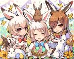  :d ^_^ animal animal_ears animal_on_head arctic_hare_(kemono_friends) bangs black_gloves blue_bow blue_neckwear bow bowtie brown_eyes brown_hair bug bunny bunny_ears butterfly center_frills closed_eyes easter egg european_hare_(kemono_friends) extra_ears eyebrows_visible_through_hair flower fujimaru_(green_sparrow) fur-trimmed_sleeves fur_collar fur_trim gloves hair_over_one_eye insect kemono_friends long_sleeves looking_at_viewer mountain_hare_(kemono_friends) multiple_girls nest on_head open_mouth orange_eyes pleated_skirt red_bow red_neckwear shirt skirt smile star straight_hair twitter_username white_hair white_shirt white_skirt yellow_flower 