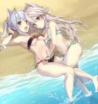  :d armpits ass bare_arms bare_legs bare_shoulders beach bikini black_bikini breasts cleavage collarbone commentary day dual_persona elsword eve_(elsword) expressionless eyebrows_visible_through_hair facial_mark fang from_above groin halter_top halterneck hand_under_clothes hand_under_swimsuit highres long_hair looking_at_viewer lying medium_breasts multiple_girls navel o-ring o-ring_bikini o-ring_bottom o-ring_top ocean on_back on_side open_mouth outdoors pinb ponytail silver_hair slit_pupils smile soaking_feet stomach swimsuit symbol_commentary thighs underboob water white_bikini yellow_eyes 