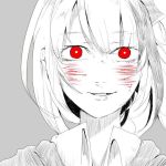  bangs blood blood_on_face collared_shirt commentary_request cuts eguchi_saan grey_background greyscale hair_between_eyes injury long_hair looking_at_viewer monochrome original parted_lips red_eyes shirt simple_background solo spot_color teeth 