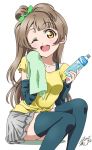  ;d arm_warmers bangs blue_legwear bottle bow commentary_request eyebrows_visible_through_hair green_bow grey_hair grey_skirt hair_bow highres holding holding_bottle holding_towel long_hair looking_at_viewer love_live! love_live!_school_idol_project minami_kotori miniskirt one_eye_closed one_side_up open_mouth round_teeth shirt short_sleeves signature sitting skirt smile solo sweat takeya_yuuki teeth thighhighs towel upper_teeth water_bottle white_background yellow_eyes yellow_shirt 