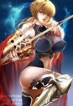  artoria_pendragon_(all) artoria_pendragon_(lancer) bangs bare_shoulders bearwitch blonde_hair blue_legwear blue_leotard braid breasts cape circlet commentary covered_nipples fate/grand_order fate_(series) french_braid fur-trimmed_cape fur_trim green_eyes hair_between_eyes hair_ornament highres holding holding_lance holding_weapon lace lace-trimmed_thighhighs lance large_breasts leg_armor leg_up leotard lips navel navel_cutout polearm red_cape red_lips rhongomyniad sidelocks sleeveless thighhighs weapon 