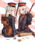  absurdres backpack bag bayonet blonde_hair blue_eyes bullet canteen gun hat highres imperial_japanese_army military military_hat military_uniform multiple_girls orange_eyes original pantyhose ponytail pouch rifle silver_hair sitting syotastar uniform wariza weapon 