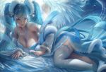  aqua_eyes aqua_hair bell breasts cleavage league_of_legends long_hair necklace realistic sakimichan signed sona_buvelle thighhighs twintails watermark wings 