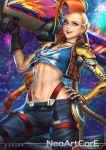  alternate_costume artist_name bare_shoulders braid breasts brown_hair cannon choker gloves green_eyes hand_on_hip jacket jewelry jinx_(league_of_legends) league_of_legends long_hair looking_at_viewer midriff navel necklace nudtawut_thongmai odyssey_jinx open_mouth prosthesis prosthetic_arm signature single_glove small_breasts smile solo tank_top very_long_hair 