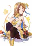  ;) arm_ribbon arm_scrunchie bag bare_shoulders black_legwear blue_bow blue_neckwear blush boots bow breasts brown_hair candy capelet cleavage food gloves granblue_fantasy haifong hand_up handbag hat hat_bow highres holding_candy kunikida_hanamaru lollipop long_hair looking_at_viewer love_live! love_live!_sunshine!! medium_breasts midriff one_eye_closed pantyhose ribbon sitting skirt smile solo tilted_headwear white_capelet yellow_cape yellow_eyes yellow_footwear yellow_gloves yellow_hat yellow_skirt 