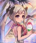  bangs bare_arms bare_shoulders black_bow bow drill_hair elise_(fire_emblem_if) eyebrows_visible_through_hair fire_emblem fire_emblem_heroes fire_emblem_if flower fujimaru_(green_sparrow) hair_bow light_rays long_hair multicolored multicolored_eyes one-piece_swimsuit outdoors palm_tree purple_eyes red_flower shaved_ice silver_hair solo sparkle swimsuit tree twin_drills water yellow_eyes 