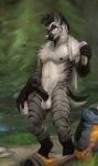  2018 anthro backpack black_penis chunie clothing detailed_background digital_media_(artwork) forest fur grey_fur hi_res holding_object humanoid_penis hyena lake looking_at_viewer male mammal muscular muscular_male nipple_piercing nipples nude orange_eyes partially_retracted_foreskin penis piercing shorts smile solo standing striped_hyena stripes towel tree uncut water white_fur white_nose 