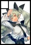  1girl anchovy anzio_school_uniform blush breasts cape drill_hair fbc female girls_und_panzer hair_ribbon happy large_breasts long_hair looking_at_viewer military necktie open_mouth ribbon shiny skirt smile solo twin_drills twintails uniform white_legwear 