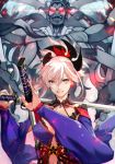  blue_kimono dual_wielding earrings fate/grand_order fate_(series) hair_ornament highres holding holding_sword holding_weapon japanese_clothes jewelry katana kimono magatama miyamoto_musashi_(fate/grand_order) pink_hair ponytail sleeveless sleeveless_kimono sword upper_body weapon yoshi55level 