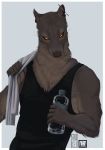  5_fingers anthro better_version_at_source biceps biped black_sclera border brown_fur brown_nose clothed clothing digital_media_(artwork) digital_painting_(artwork) ear_piercing euplerid fossa front_view fur glowing glowing_eyes grey_background half-length_portrait holding_object holding_towel humanoid_hands industrial_piercing inner_ear_fluff looking_aside looking_away male mammal muscular muscular_male orange_eyes outside_border piercing portrait senkkei shirt simple_background slit_pupils snout solo stare tank_top towel towel_on_shoulder water_bottle whiskers white_border 