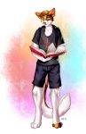  2018 4_toes 5_fingers anthro barefoot book cat clothed clothing digital_media_(artwork) felicia_cat feline green_eyes holding_object male mammal simple_background smile solo toes yellow_sclera 