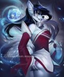  2018 5_fingers ahri_(lol) anthro aomori big_breasts black_hair black_nose breasts butt butt_grab butt_pose canine clothed clothing detailed_background digital_media_(artwork) dog female hair hand_on_butt inner_ear_fluff league_of_legends mammal panties riot_games smile solo underwear video_games yellow_eyes 