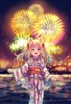  aerial_fireworks animal_ears bangs blonde_hair blue_eyes blue_hair blurry blurry_background blush bridge building cat_ears cityscape commentary_request depth_of_field eyebrows_visible_through_hair fireworks floral_print flower gradient_hair hair_flower hair_ornament holding japanese_clothes kimono long_hair long_sleeves looking_at_viewer multicolored_hair nemuri_nemu night night_sky obi open_mouth original outdoors print_kimono red_flower river sash sky skyscraper solo striped twintails vertical-striped_kimono vertical_stripes water wide_sleeves 