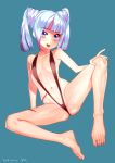  1girl barefoot blue_background blue_eyes blue_hair breasts dated feet female ishida-masamune_kiriko kbtmsboy multicolored_hair navel open_mouth partially_visible_vulva purple_hair scar shinken!! simple_background slingshot_swimsuit small_breasts solo swimsuit toes 