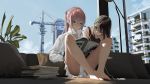  apartment blue_eyes blue_sky book bottomless brown_eyes brown_hair building collared_shirt couch day earphones girls_frontline highres knees_apart_feet_together lamp m4a1_(girls_frontline) multicolored_hair multiple_girls pink_hair plant potted_plant scaffolding shared_earphones shirt sitting sky skyscraper st_ar-15_(girls_frontline) streaked_hair tacshojosora tank_top 