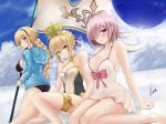  ahoge artoria_pendragon_(all) artoria_pendragon_(swimsuit_archer) bangs bare_shoulders bikini black_bikini black_hairband blonde_hair blue_eyes blue_jacket blue_ribbon blush bow braid breasts cleavage closed_mouth collarbone covered_navel crown dress_swimsuit fate/grand_order fate_(series) flag french_braid green_eyes grey_swimsuit hair_bun hair_over_one_eye hair_ribbon hairband highres hips hood hooded_jacket jacket jeanne_d'arc_(fate)_(all) jeanne_d'arc_(swimsuit_archer) large_breasts lavender_hair legs long_hair looking_at_viewer mash_kyrielight multiple_girls one-piece_swimsuit open_clothes open_jacket pink_bow piukute062 purple_eyes ribbon short_hair single_braid small_breasts smile swimsuit swimsuit_of_perpetual_summer thigh_strap thighs two-tone_swimsuit very_long_hair white_swimsuit 