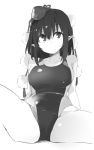  bangs bare_arms bare_shoulders breasts cameltoe collarbone cowboy_shot eyebrows_visible_through_hair greyscale hair_between_eyes hat kamukamu_(ars) large_breasts looking_at_viewer monochrome one-piece_swimsuit pointy_ears pom_pom_(clothes) shameimaru_aya short_hair simple_background sitting solo spread_legs swimsuit tassel thighs tokin_hat touhou white_background 
