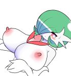  1girl between_breasts blush breasts creatures_(company) disembodied_penis dutch_angle elbow_gloves erection eyebrows_visible_through_hair game_freak gardevoir gen_3_pokemon gloves green_hair hair_over_one_eye hand_up hetero highres huge_breasts love-box-f mega_gardevoir nintendo nipples no_humans paizuri penis pokemon pokemon_(creature) precum red_eyes shiny shiny_hair short_hair simple_background solo sweat uncensored upper_body watermark white_background white_gloves white_skin 