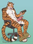  animal_genitalia anthro balls chair chewycuticle clothed clothing cum cum_inside cyan_background feline karnal male mammal messy mostly_nude orgasm pants_down partially_clothed penetrable_sex_toy penis sex_toy sheath shorts solo tiger 
