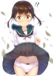  1girl bangs black_ribbon blush bow bow_panties brown_hair closed_mouth commentary crotch_seam eyebrows_visible_through_hair fubuki_(kantai_collection) green_sailor_collar hair_between_eyes hand_up highres kantai_collection minarai_shachou motion_blur navel neck_ribbon panties pink_panties pleated_skirt ribbon sailor_collar sailor_collar_lift school_uniform serafuku shirt short_sleeves simple_background skirt skirt_lift solo surprised sweat underwear wavy_mouth white_background white_shirt wind wind_lift yellow_eyes 