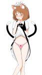  animal_ears black_bow blush bow bow_panties brown_eyes brown_hair cat_ears cat_tail chen commentary dress dress_lift embarrassed eyebrows_visible_through_hair finger_to_mouth frills full-face_blush highleg highleg_panties highres knees_together_feet_apart legs_together lifted_by_self long_legs looking_to_the_side maid_headdress multiple_tails navel panties pink_panties shiisuu_rattamu short_hair solo tail touhou two_tails underwear 