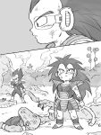 armor black_eyes black_hair boots close-up comic dirty dirty_clothes dirty_face dragon_ball eating expressionless full_body grey_background greyscale highres long_hair looking_away looking_up male_focus monochrome multiple_boys outdoors profile raditz scouter silent_comic simple_background smoke standing tail tkgsize upper_body vegeta younger 
