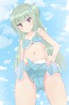  bangs bikini blue_bikini blue_bow bow breasts cameltoe green_hair highres long_hair looking_at_viewer murasame_(senren) navel senren_banka small_breasts solo swimsuit yuzf yuzu-soft 