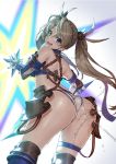  1girl ass back bangs bare_shoulders blue_bikini_bottom blue_eyes blush boots bradamante_(fate/grand_order) braid breasts brown_hair elbow_gloves fate/grand_order fate_(series) faulds french_braid gloves hair_between_eyes hair_ornament hips knee_boots large_breasts long_hair looking_at_viewer looking_back open_mouth pyz_(cath_x_tech) solo squirting thigh_strap thighs twintails very_long_hair weapon white_bikini_top 