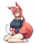  animal_ears bare_legs bare_shoulders barefoot black_sweater borrowed_character bralines breasts collarbone commentary dress english_commentary eyebrows_visible_through_hair fang fang_out fox_ears fox_girl fox_tail hair_between_eyes holding_own_tail large_breasts long_hair looking_at_viewer off-shoulder_sweater orange_eyes original red_hair sam_(sub-res) simple_background sitting smile solo sweater sweater_dress tail twrlare wariza white_background 