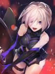  armor armored_dress breasts collar commentary_request elbow_gloves fate/grand_order fate_(series) faulds gloves hair_over_one_eye highres large_breasts lavender_hair looking_at_viewer mash_kyrielight metal_collar open_mouth pink_hair purple_eyes purple_gloves shield short_hair solo taishi_(picchiridou) thigh_strap thighs 
