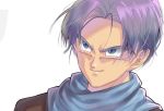  blue_eyes blue_neckwear blurry close-up dragon_ball dragon_ball_gt face happy looking_away male_focus neckerchief purple_hair shaded_face short_hair simple_background smile tarutobi trunks_(dragon_ball) upper_body white_background 
