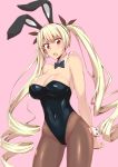  animal_ears azur_lane black_leotard black_neckwear blonde_hair bow bowtie breasts brown_legwear bunny_ears bunny_girl bunny_tail bunnysuit chizuru_(chizucoman) cowboy_shot detached_collar highres large_breasts leotard long_hair looking_at_viewer nelson_(azur_lane) pantyhose pink_background red_eyes simple_background solo standing strapless strapless_leotard tail twintails wrist_cuffs 