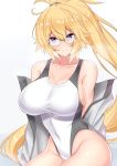  bangs bare_shoulders blonde_hair blue_eyes blush breasts cleavage closed_mouth collarbone commentary_request covered_navel fate/grand_order fate_(series) glasses grey_swimsuit hair_between_eyes highleg highleg_swimsuit highres hips jacket jeanne_d'arc_(fate)_(all) jeanne_d'arc_(swimsuit_archer) large_breasts long_hair looking_at_viewer off_shoulder one-piece_swimsuit open_clothes open_jacket ponytail sankakusui shiny shiny_hair simple_background smile solo swimsuit two-tone_swimsuit very_long_hair white_background white_jacket white_swimsuit 