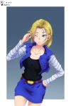  1girl android_18 blonde_hair blue_eyes dragon_ball dragonball_z hand keihh pose_sexy shirt simple_background solo white_shirt 