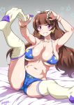  amanogawa_kirara bed_sheet bikini blue_bikini breasts brown_hair cameltoe claw_pose cleavage commentary_request earrings go!_princess_precure grin jewelry joy_ride large_breasts long_hair looking_at_viewer nail_polish navel parted_lips precure purple_eyes shiny shiny_hair shiny_skin smile solo star star_earrings star_print swimsuit teeth thighhighs thighhighs_pull underboob white_legwear 