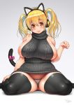  :p animal_ears aran_sweater areola_slip areolae bangs bare_arms bare_shoulders black_hairband black_legwear blonde_hair blush bow bow_panties breasts cat_ears cat_tail character_name commentary_request covered_nipples dated dress eyebrows_visible_through_hair fake_animal_ears good_meat_day gradient gradient_background grey_background grey_sweater hair_between_eyes hairband halterneck hand_up happy_birthday head_tilt headphones highres huge_breasts impossible_clothes impossible_sweater looking_at_viewer medium_hair meme_attire microdress nitroplus orange_eyes panties pantyshot pantyshot_(sitting) paw_pose pink_bow plump revision ribbed_sweater shadow shiny shiny_clothes shiny_hair shiny_skin sideboob signature sitting sleeveless sleeveless_turtleneck smile solo super_pochaco sweat sweater sweater_dress tail tail_bow thick_thighs thighhighs thighs tongue tongue_out tsuji_santa turtleneck turtleneck_sweater twintails underwear virgin_killer_sweater wariza white_panties 