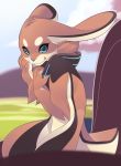  2018 5_fingers anthro blue_eyes blue_nose blurred_background brown_fur day detailed_background digital_media_(artwork) fur lagomorph mammal outside phation rabbit smile 