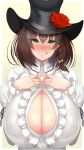  :q assassin_(lostbelt) breasts brown_hair cleavage commentary_request covered_nipples fate/grand_order fate_(series) flower green_eyes hat hat_flower highres huge_breasts ill impossible_clothes impossible_shirt looking_at_viewer puffy_nipples shirt short_hair simple_background smile solo tongue tongue_out yellow_background 