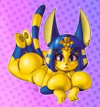  2018 animal_crossing ankha_(animal_crossing) anthro areola big_breasts blue_eyes breasts butt cat conditional_dnp egyptian feline female hair huge_breasts looking_at_viewer lying mammal nintendo on_front short_hair short_stack solo teckworks video_games 