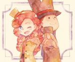  1girl ;) ;d back-to-back black_eyes black_hat blue_eyes blush_stickers brown_hair father_and_daughter hand_on_hip hat hershel_layton jacket katrielle_layton looking_at_viewer one_eye_closed open_mouth pointing pointing_at_viewer pose professor_layton red_hair rrrpct smile standing top_hat traditional_media watercolor_(medium) yellow_hat yellow_jacket 