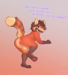  2018 anthro balls butt dialogue digital_media_(artwork) english_text hair looking_at_viewer male mammal nude open_mouth presenting presenting_hindquarters red_panda simple_background skymafia smile solo text 