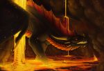  2018 black_scales detailed_background digital_media_(artwork) dragon horn keltaan lava membranous_wings red_eyes scales scalie smooth_horn spines standing western_dragon wings 