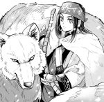  ainu ainu_clothes asirpa asu_(asoras) bandana bow_(weapon) cape earrings fingerless_gloves fur_cape gloves golden_kamuy greyscale hoop_earrings jewelry long_hair looking_at_viewer monochrome retar simple_background weapon white_background wide_sleeves wolf 