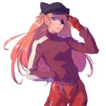  animal_hat blue_eyes bodysuit cat_hat closed_mouth evangelion:_3.0_you_can_(not)_redo eyepatch gloves hand_in_pocket hand_on_headwear hat ilya_kuvshinov jacket long_hair looking_at_viewer neon_genesis_evangelion orange_hair pilot_suit plugsuit rebuild_of_evangelion red_bodysuit red_gloves shikinami_asuka_langley solo souryuu_asuka_langley track_jacket turtleneck white_background 